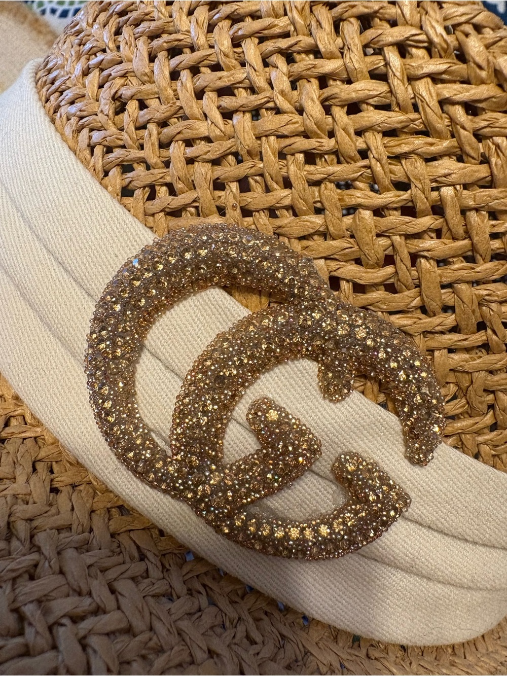Straw Sun Hat with Cream Band and Gold Double-G Accent - Picture 3 of 3